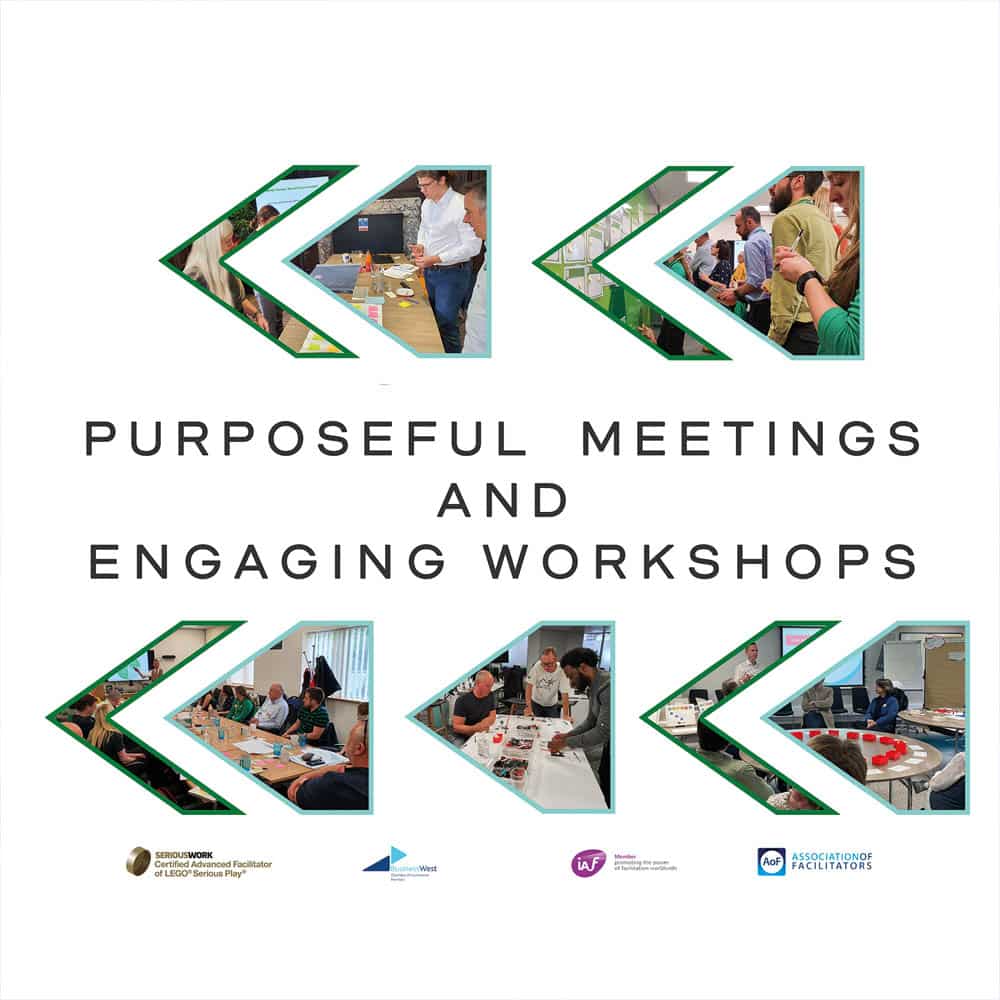 Image with arrows and text saying Purposeful meetings and engaging workshops and