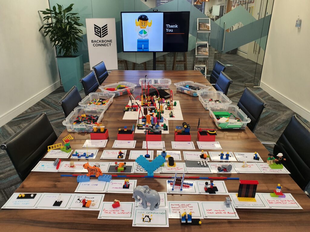 Brown boardroom table with eight black chairs and a tv screen where PANDEK group is working with Backbone Connect on LEGO Serious Play and there is lots of LEGO in tubs on the table. 