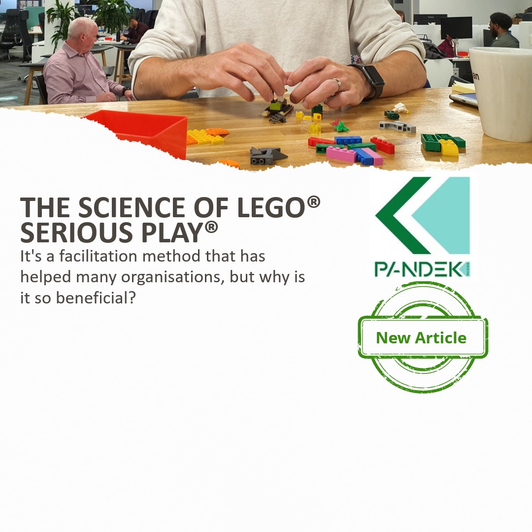 Cover image for article about LEGO Serious Play. Image has male constructing LEGO on a counter and PANDEK Group Logo included.